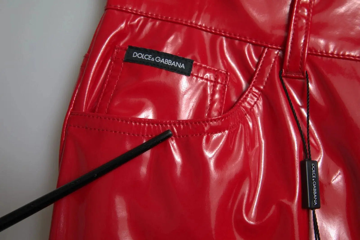 Pantalon skinny dolce & gabbana rouge en cuir verni haute taille avec étiquettes noires brillantes