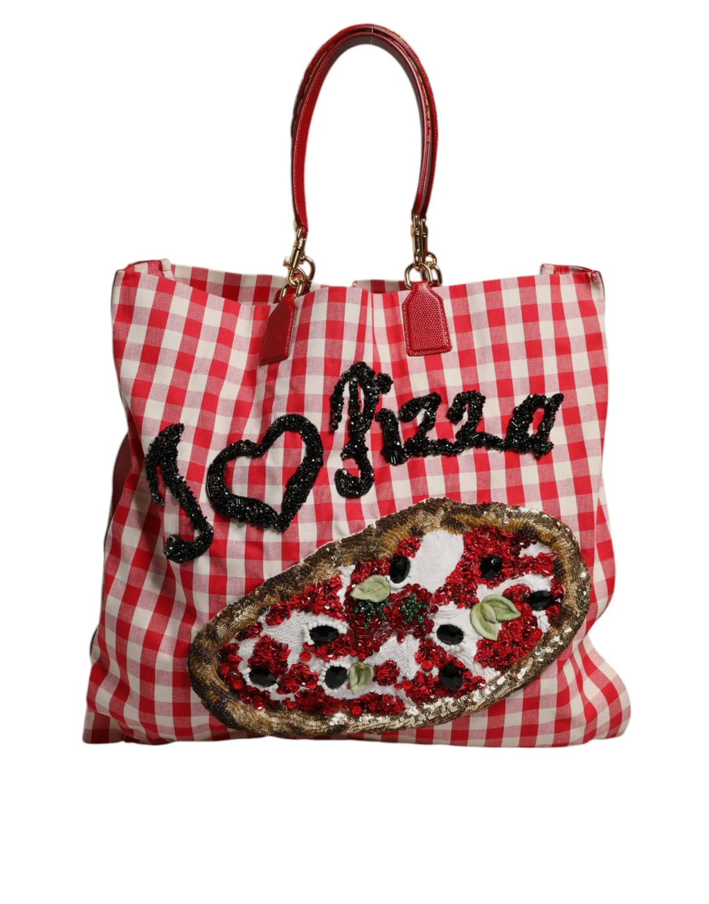 Dolce & Gabbana sac tote rouge et blanc à carreaux avec i love pizza en sequins noirs et patch pizza perlé détaillé