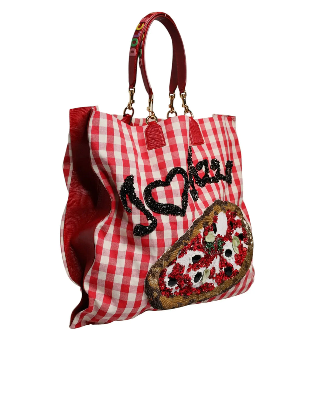 Dolce & Gabbana sac cabas en toile rouge et blanche gingham avec texte pailleté i cœur pizza et appliqué pizza scintillant