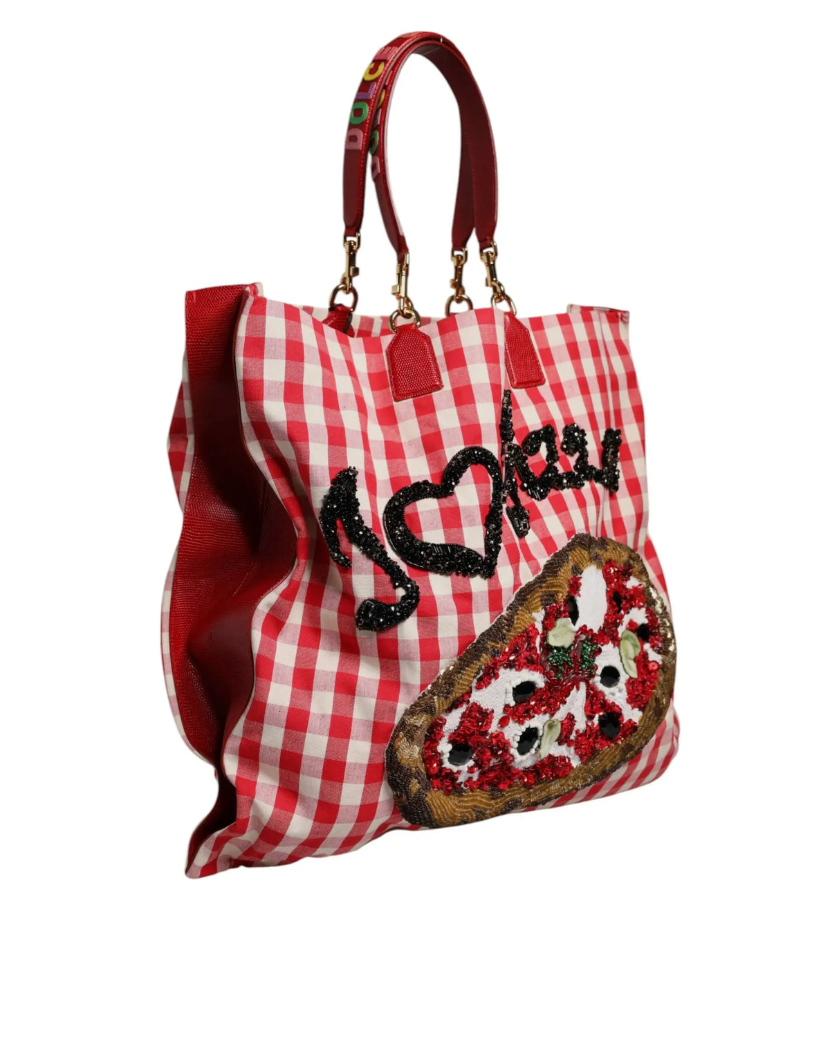 Dolce & Gabbana sac cabas en toile rouge et blanche gingham avec texte pailleté i cœur pizza et appliqué pizza scintillant