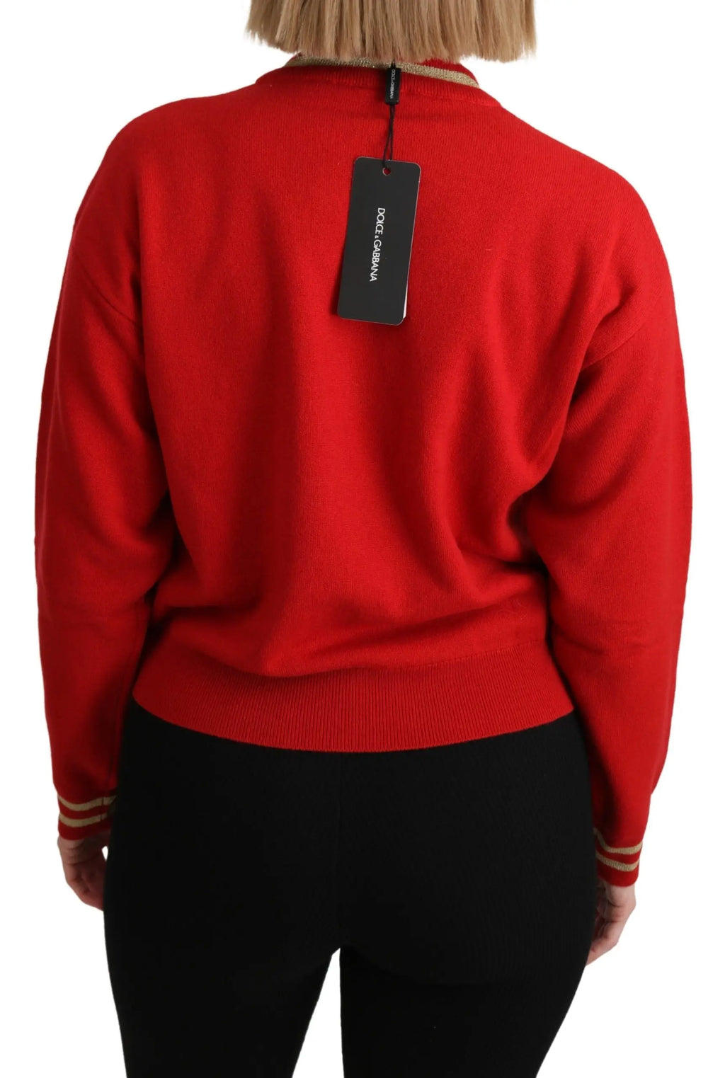 Pull dolce gabbana rouge en cachemire avec motifs de dessin animé et bords côtelés en tricot