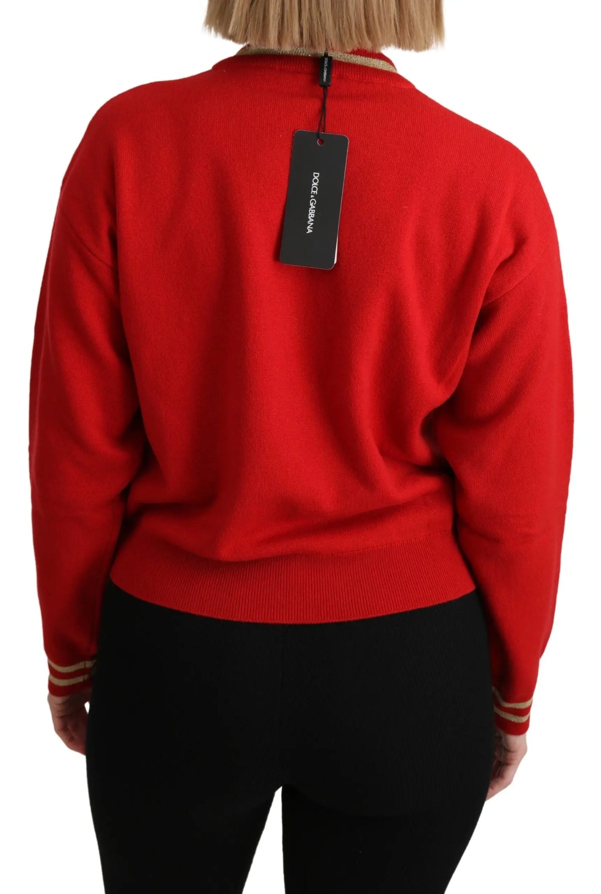 Pull dolce gabbana rouge en cachemire avec motifs de dessin animé et bords côtelés en tricot