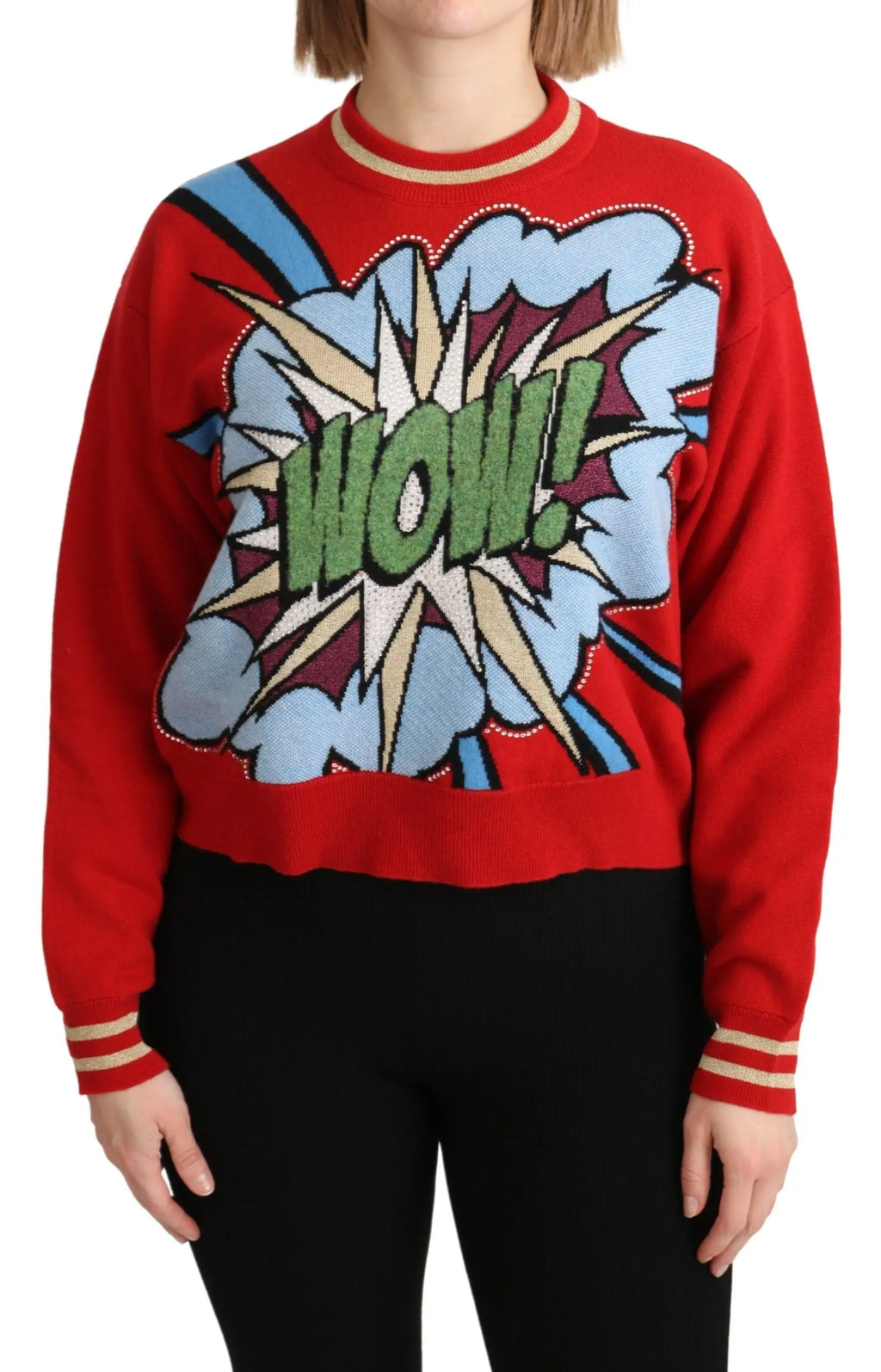 Pull en cachemire rouge de dolce & gabbana avec motif explosion bande dessinée wow en vert bleu et beige