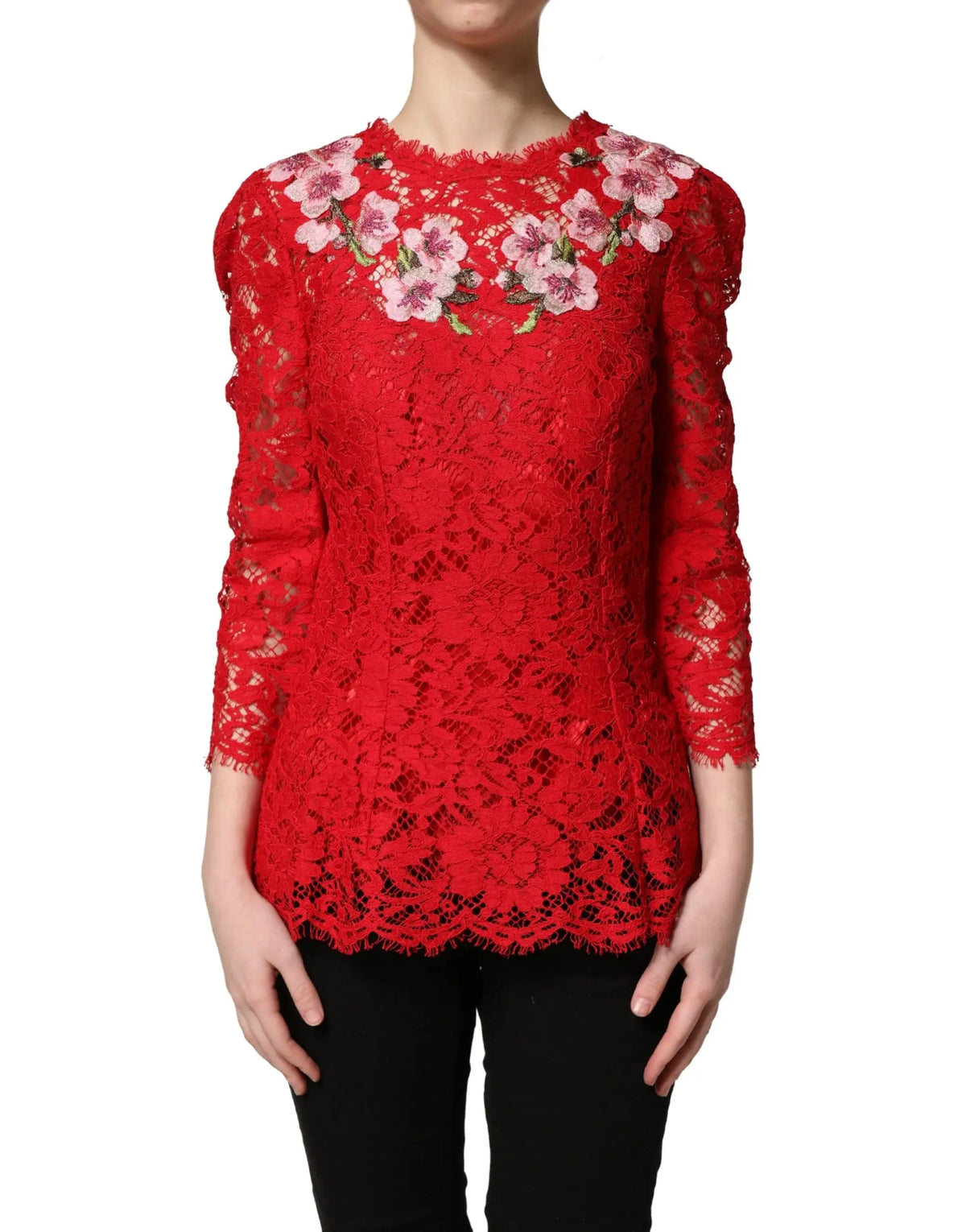 Dolce & gabbana top rouge en dentelle avec broderie florale sur les épaules et le col à manches longues