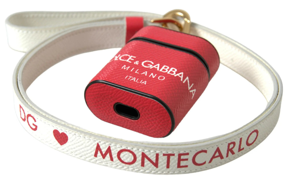 Dolce & gabbana étui airpods montecarlo en cuir rouge avec fermoir métal doré et logo imprimé sur la sangle