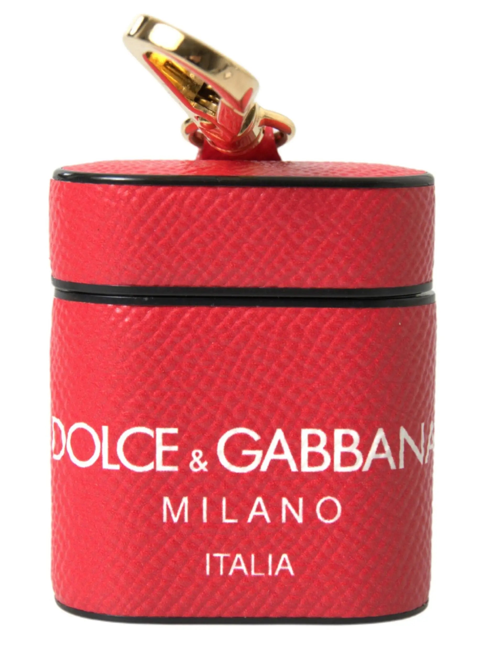 Étui airpods cylindrique en cuir rouge dolce & gabbana avec fermeture métal doré et logo blanc milano italia