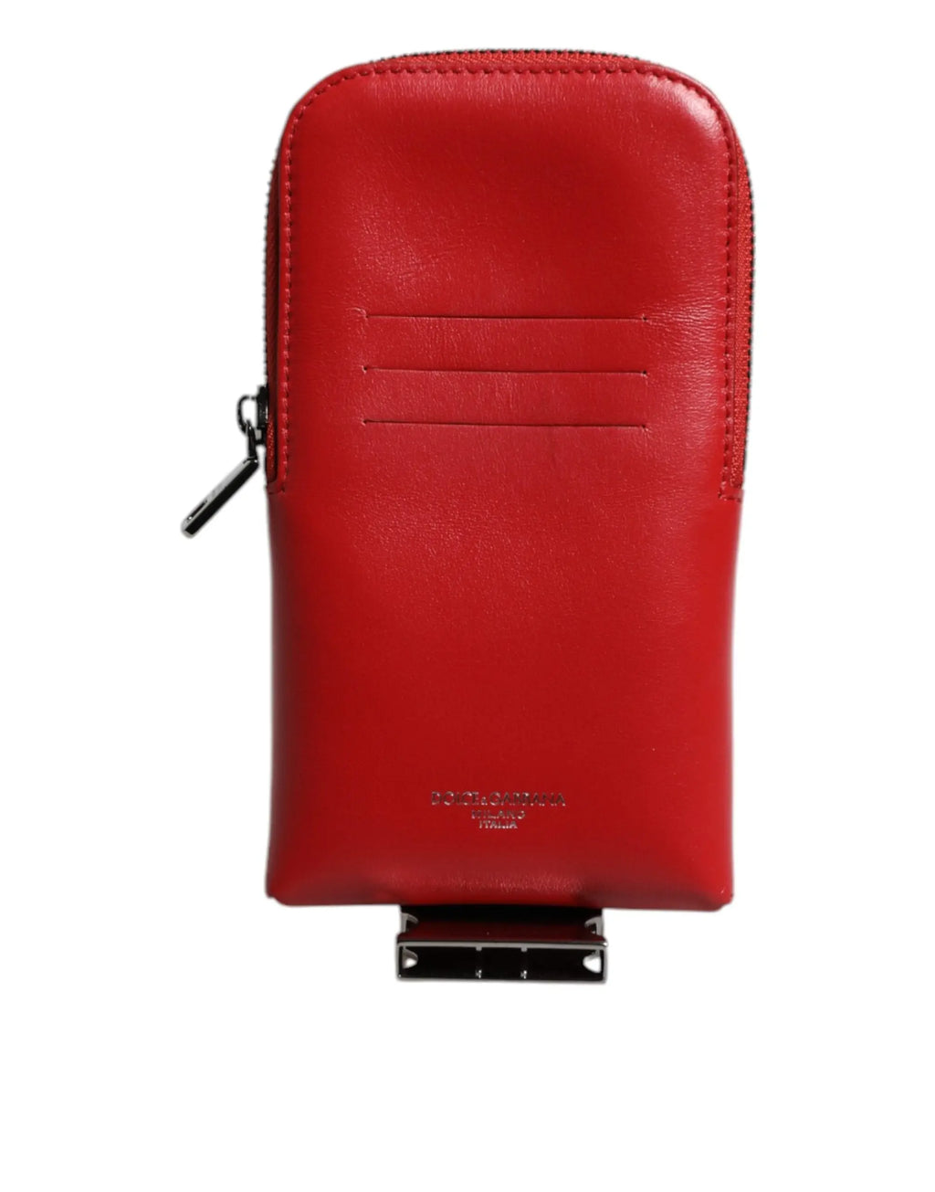 Porte-cartes zip autour dolce & gabbana en cuir rouge vif avec fermeture éclair élégante et fermoir métallique