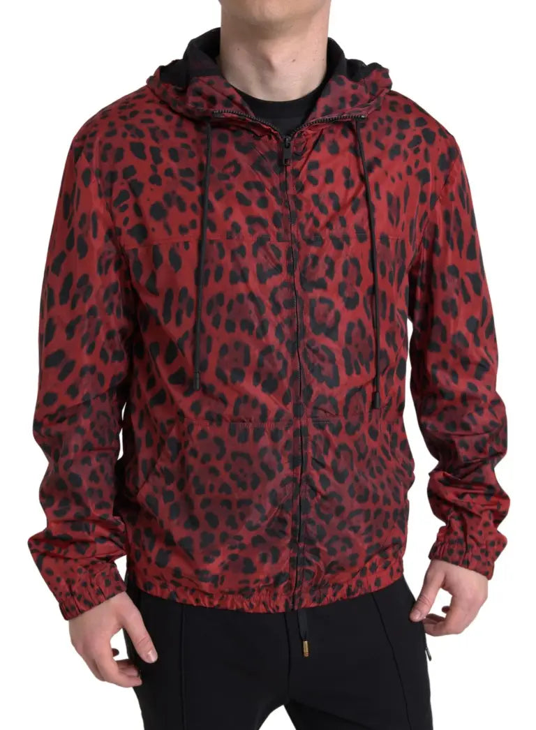 Dolce & gabbana veste bomber à capuche rouge imprimé léopard avec accents noirs et fermeture éclair intégrale