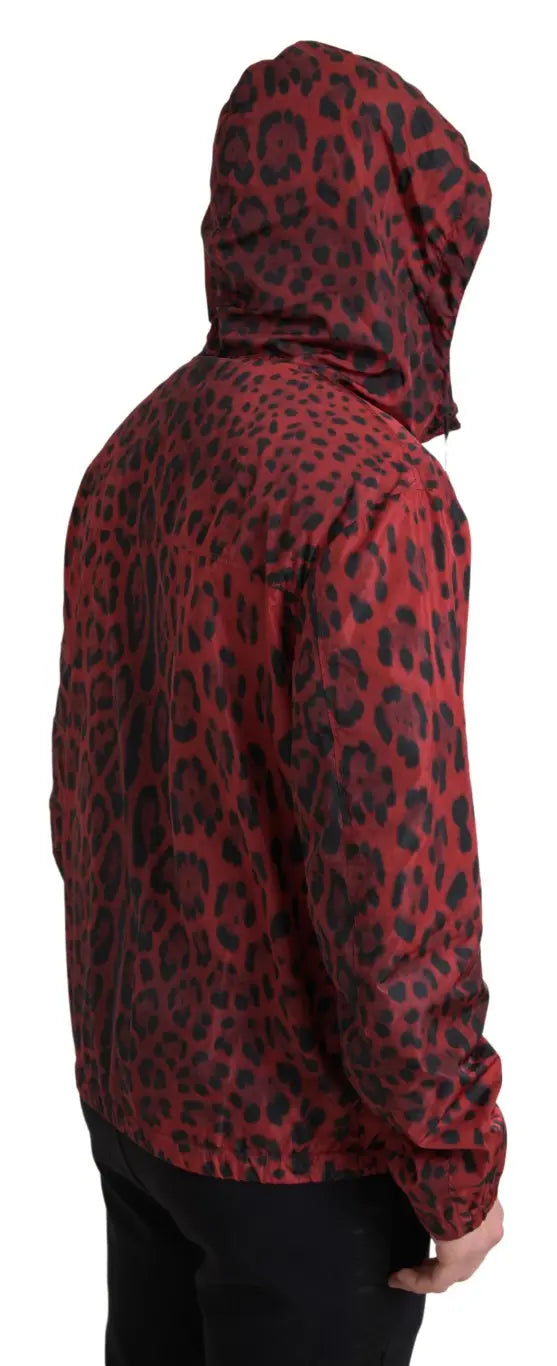 Veste bomber à capuche rouge léopard dolce & gabbana en tissu léger noir et rouge avec fermeture éclair intégrale
