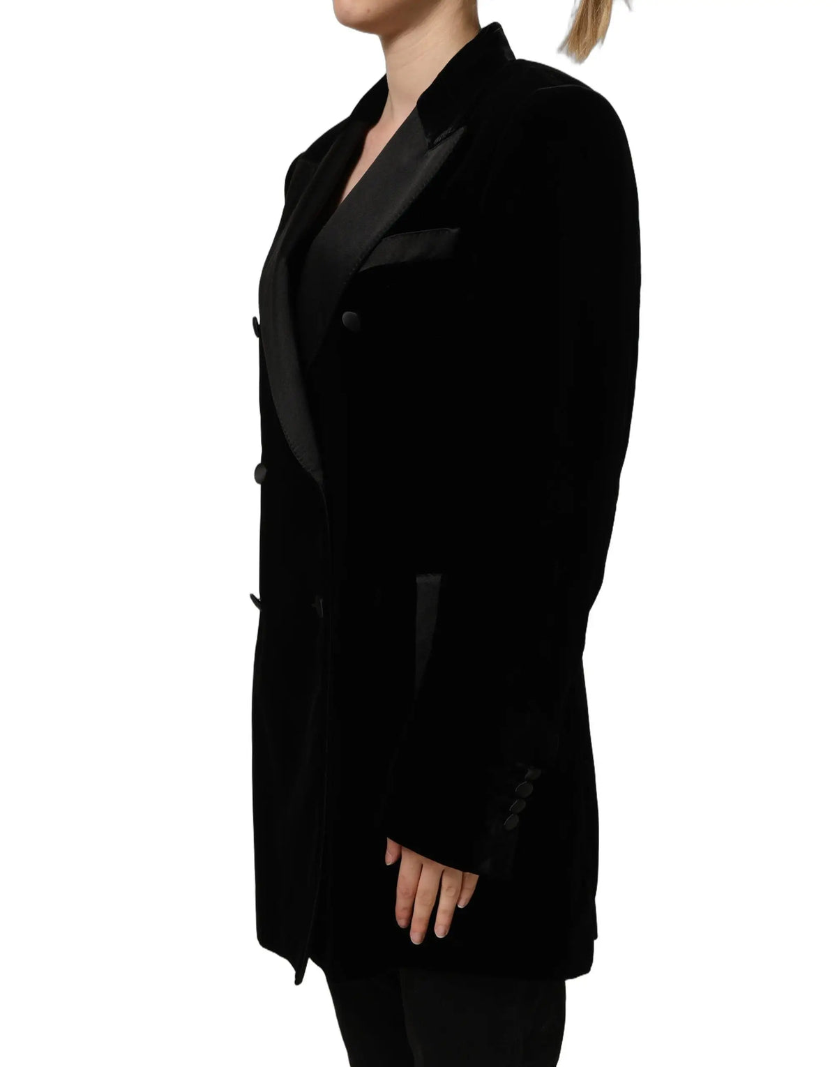 Blazer en velours noir avec revers en satin et fermeture croisée à boutons double boutonnage dolce gabbana