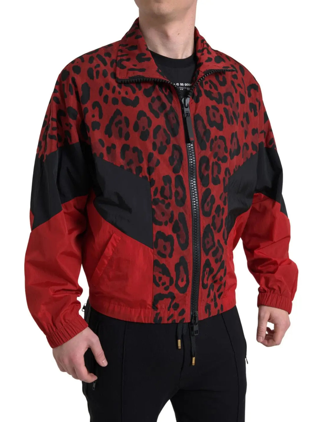 Dolce & gabbana bomber en nylon rouge à imprimé léopard et panneaux noirs contrastants aux manches et côtés