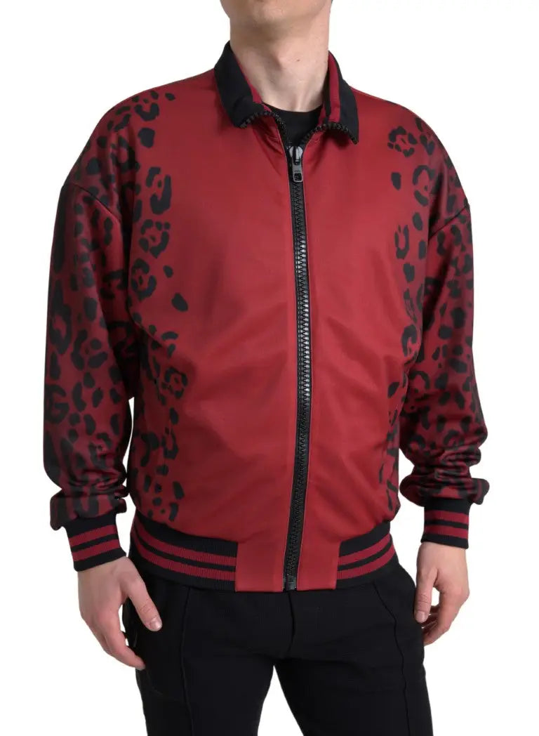 Dolce & gabbana bomber polyester rouge à imprimé léopard noir avec col, poignets et taille contrastants noirs