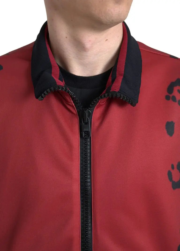 Dolce & gabbana bomber rouge en polyester avec col noir et motif discret de pattes intégralement zippé