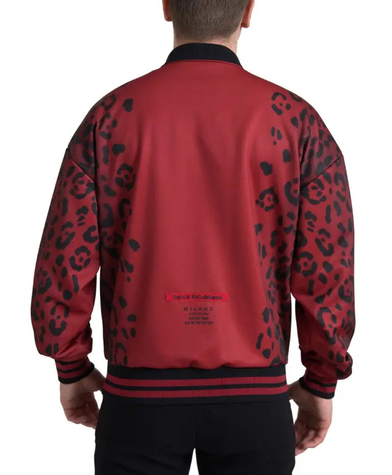 Dolce & gabbana veste bomber rouge en polyester avec motif léopard noir et bordure bleu marine fermeture éclair intégrale