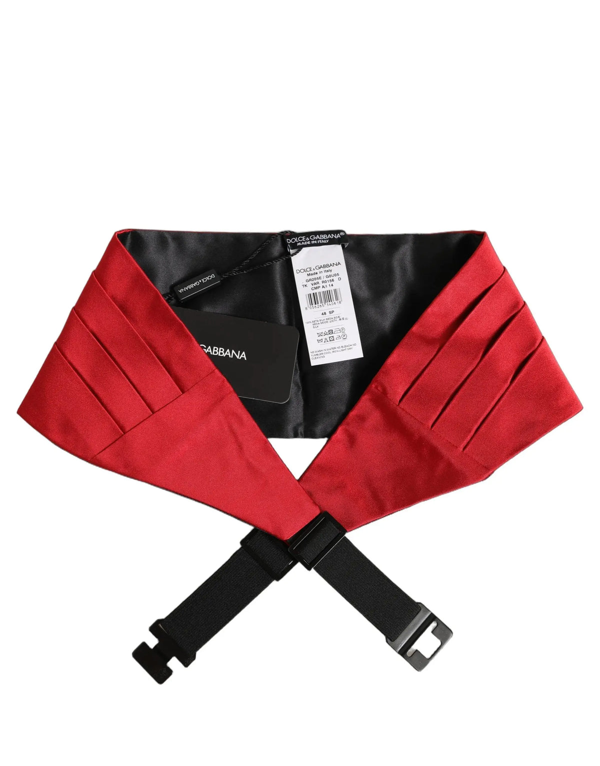 Dolce and gabbana ceinture rouge en soie 100 pour cent avec ceinture plissée de smoking et sangle noire ajustable