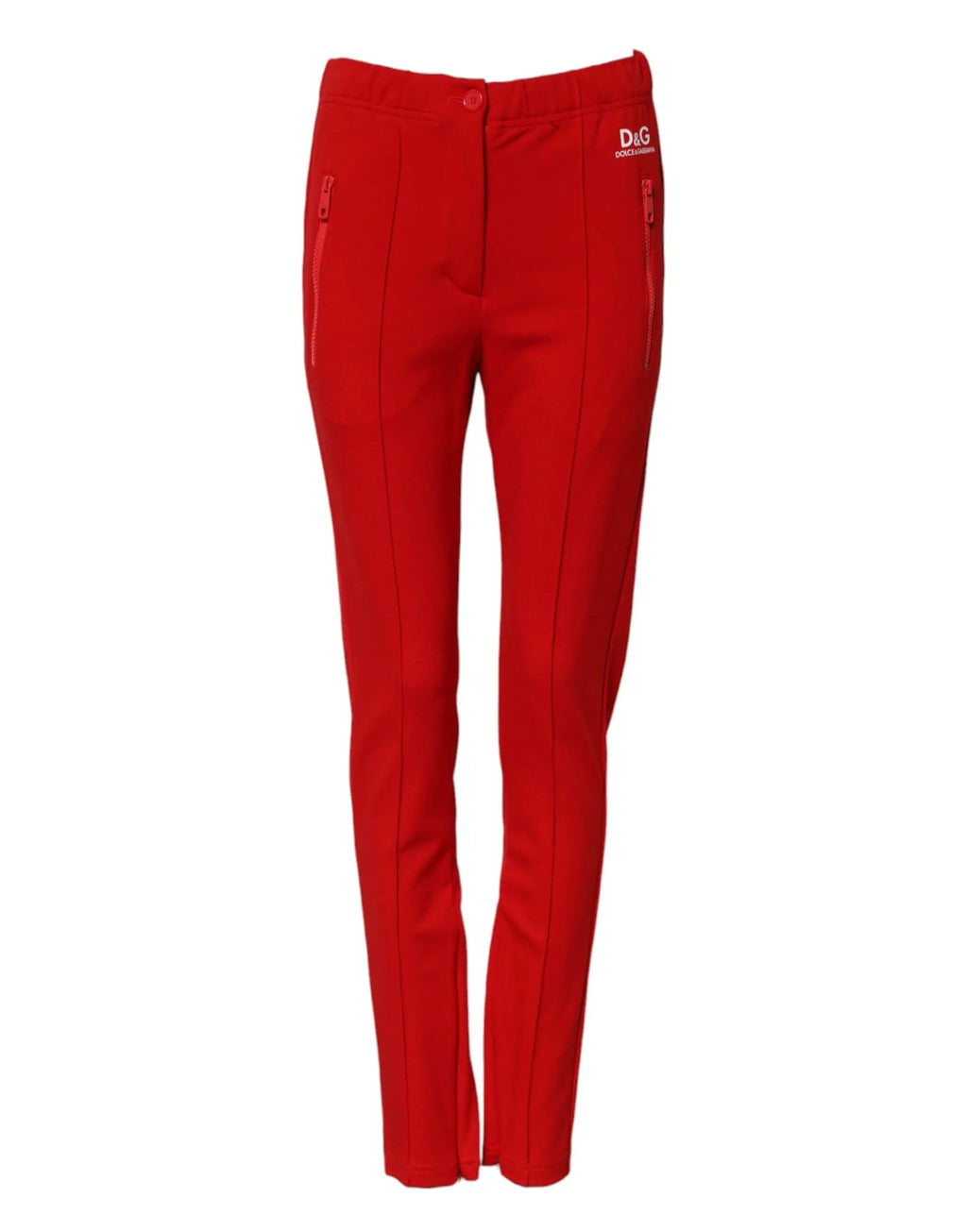 Pantalon slim fit rouge dolce gabbana taille moyenne avec poches latérales zippées et patch logo sur la ceinture