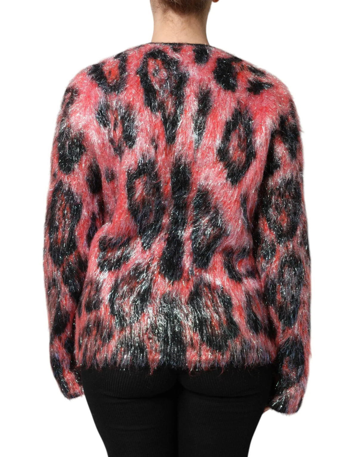 Cardigan dolce gabbana en mohair rouge avec motif léopard rose et noir, texture douce et duveteuse