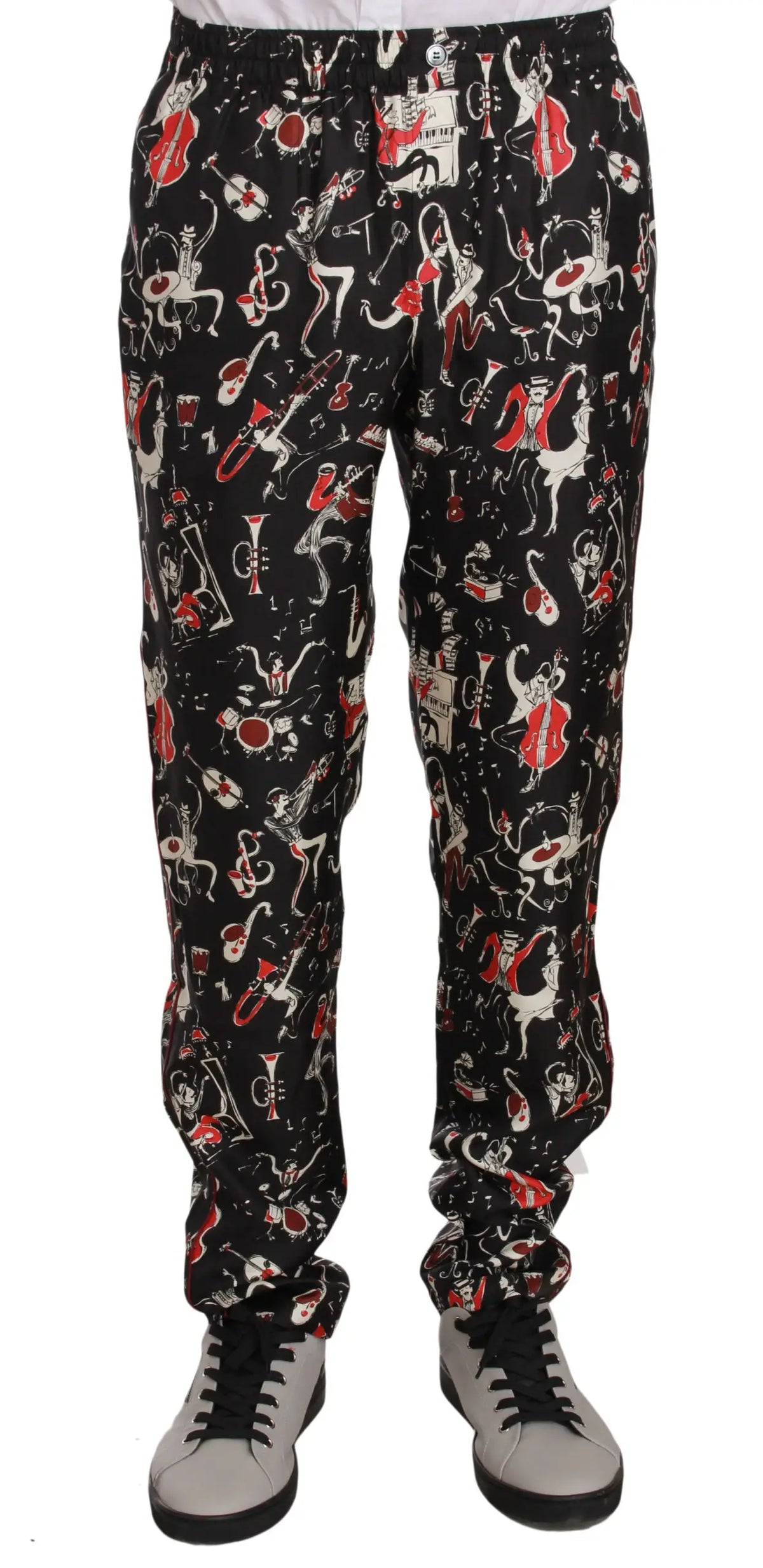 Pantalon de nuit dolce & gabbana noir avec imprimé musical rouge et blanc ludique sur toute la surface