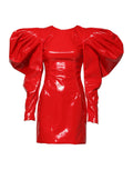 Robe mini rouge brillante en cuir verni avec manches bouffantes dramatiques dolce & gabbana