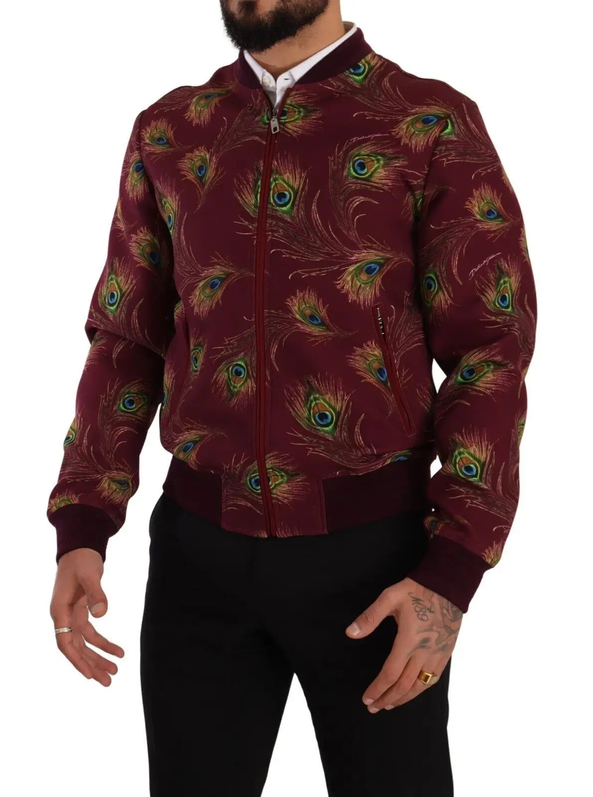Dolce & gabbana veste rouge bomber en polyester stretch avec imprimé plume de paon vibrant et zip intégral