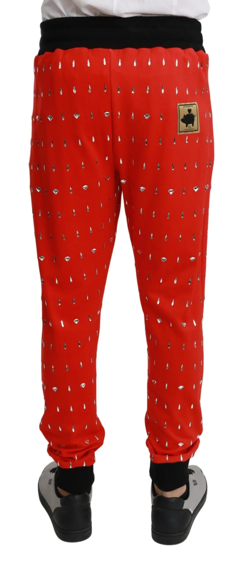 Pantalon rouge dolce & gabbana en coton avec taille élastique noire et broderie argentée en forme de losange