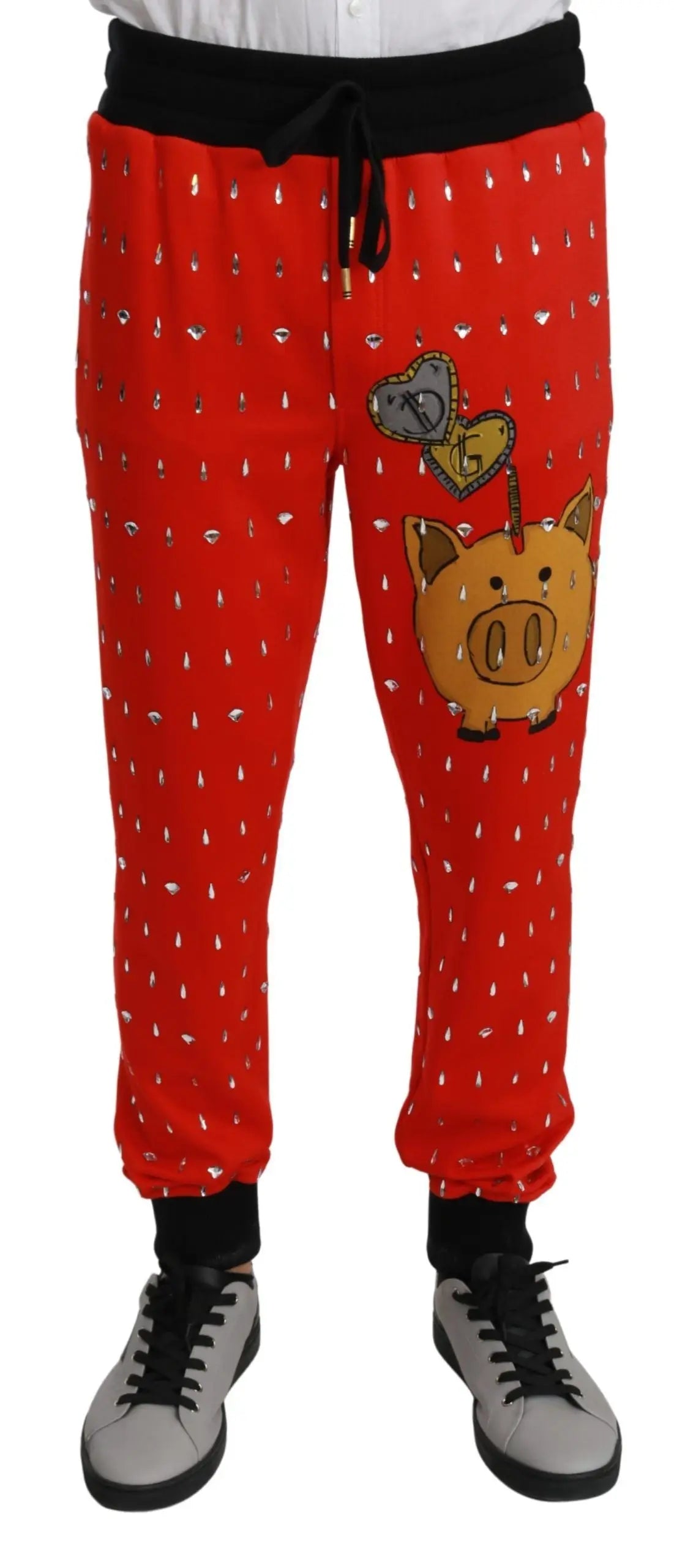 Pantalon rouge dolce & gabbana en coton avec appliqué cochon et cœur et taille et poignets noirs à cordon