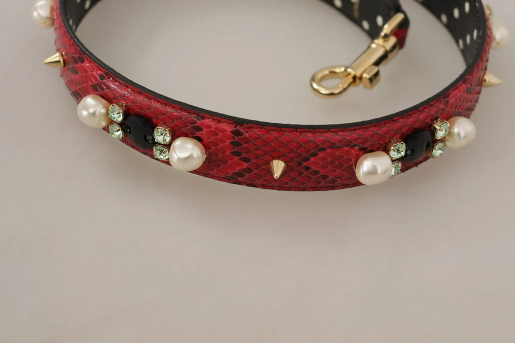 Dolce & Gabbana red python leather reversible shoulder strap with white pearls black beads green rhinestones and gold spikes