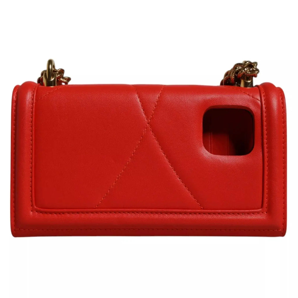 Dolce & gabbana sac téléphone crossbody devotion rouge en cuir matelassé avec poignées chaîne tête de lion dorée