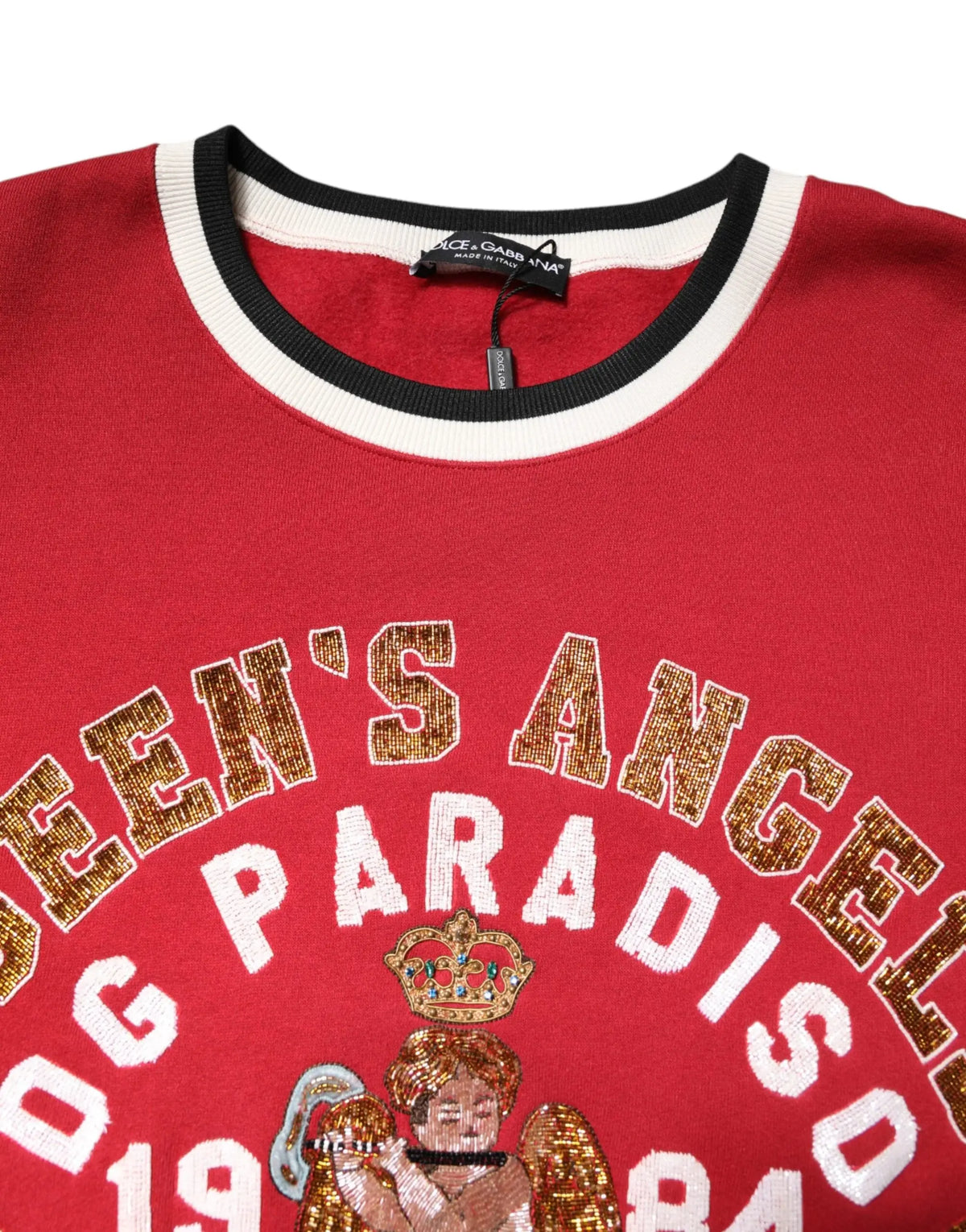 Dolce & gabbana sweat rouge en maille avec lettrage sequine or et blanc, couronne et ange brode scintillant