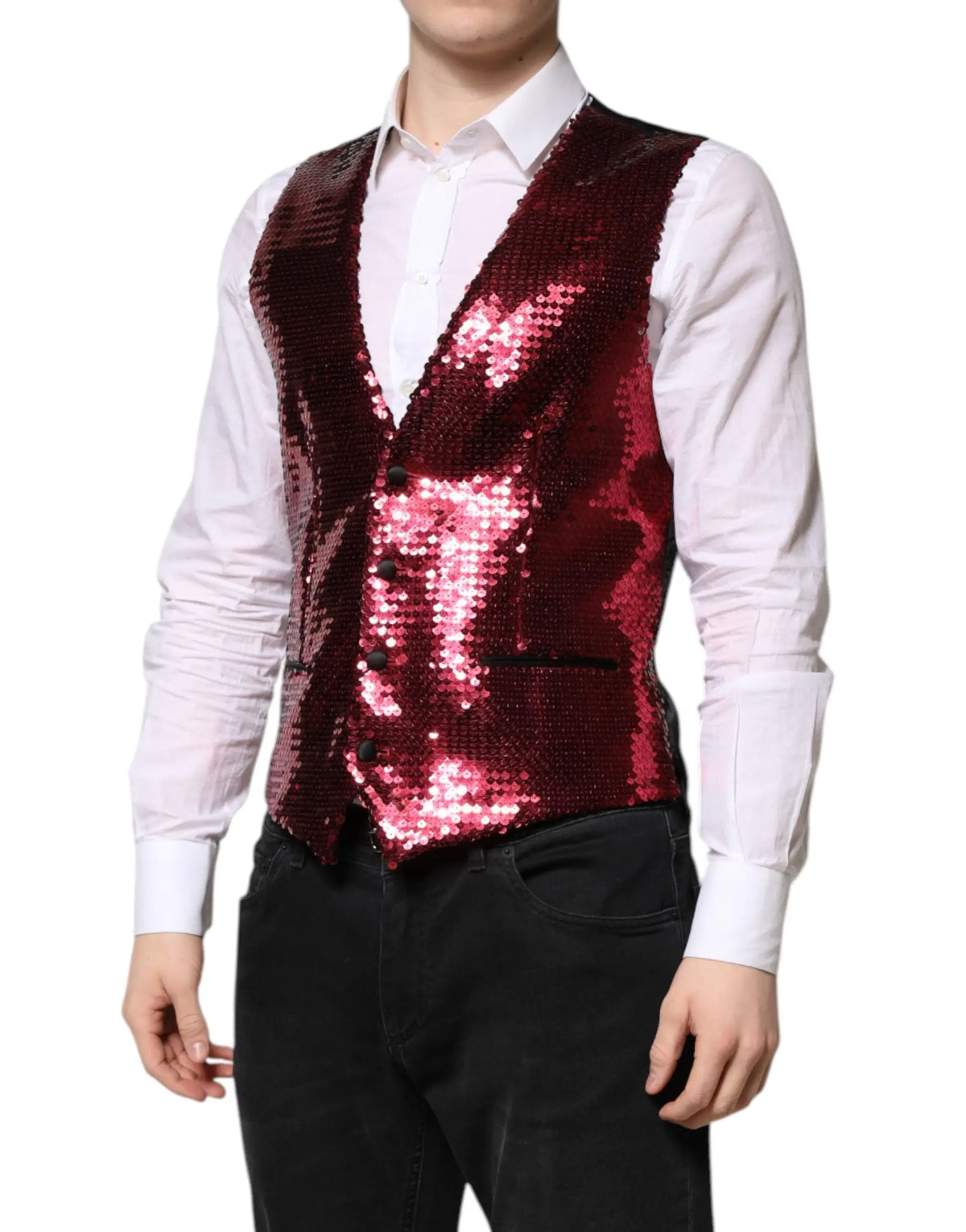 Dolce & gabbana red sequined dress formal men waistcoat vest en velours bordeaux scintillant avec col en v et boutons noirs