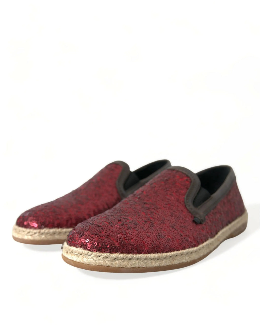 Dolce & gabbana chaussures hommes mocassins rouges en sequins slip-on avec semelle en jute tressé et bord gris foncé