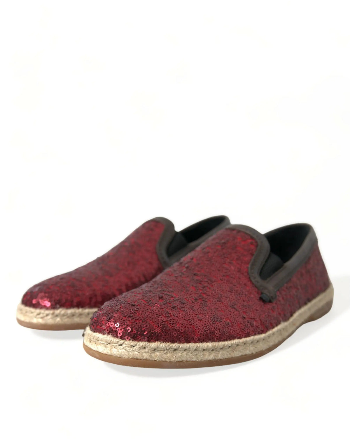 Dolce & gabbana chaussures hommes mocassins rouges en sequins slip-on avec semelle en jute tressé et bord gris foncé