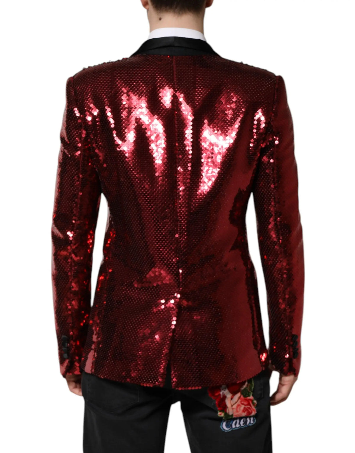 Dolce & Gabbana blazer sicilia rouge en sequins avec col et poignets noirs au texture paillettes éclatante