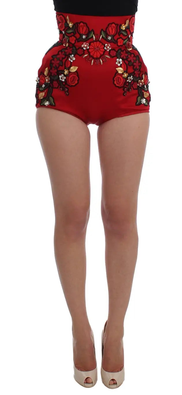 Short rouge taille haute en soie dolce gabbana avec broderies florales et embellissements en cristaux