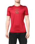 T-shirt rouge dolce & gabbana en soie avec logo couronne DG brodé en or et rouge sur la poitrine manches courtes