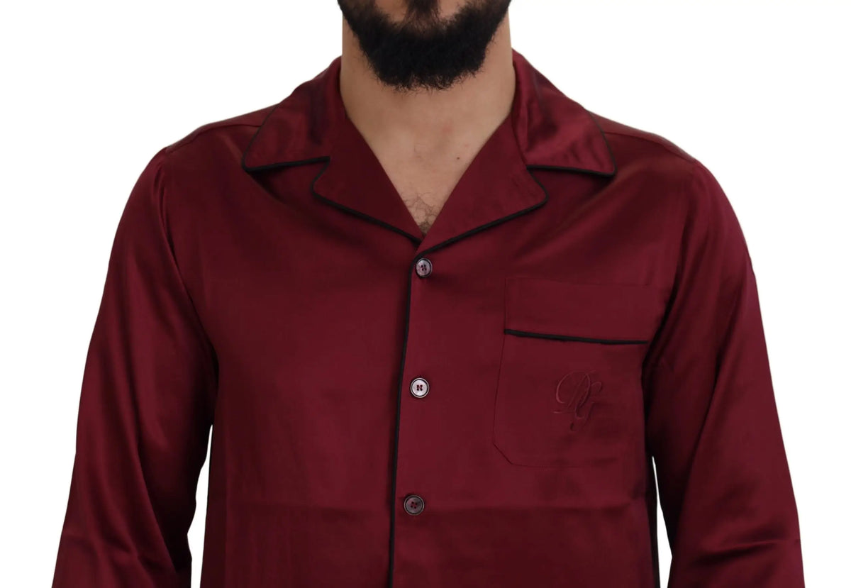 Dolce & gabbana red silk lounge top pajama shirt en satin grenat avec bordure noire et boutons fermeture