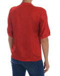 Blouse dolce & gabbana rouge en satin avec manches courtes et poignets roulés motif floral en cristaux