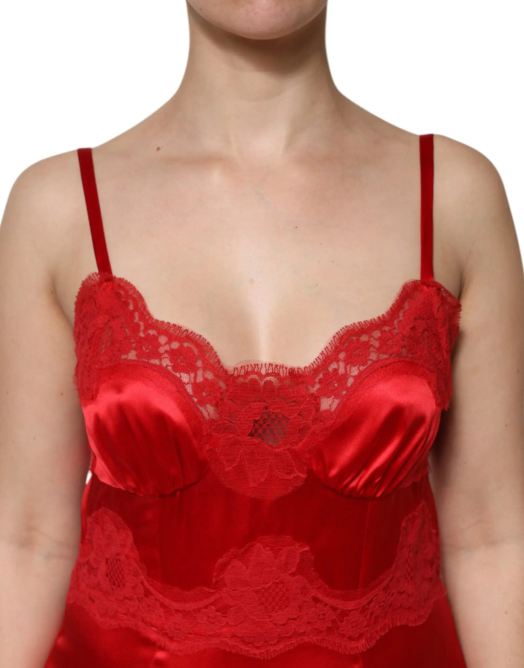 Dolce & gabbana robe longue maxi en soie rouge sans manches avec caraco en satin rouge et dentelle florale fine bretelle