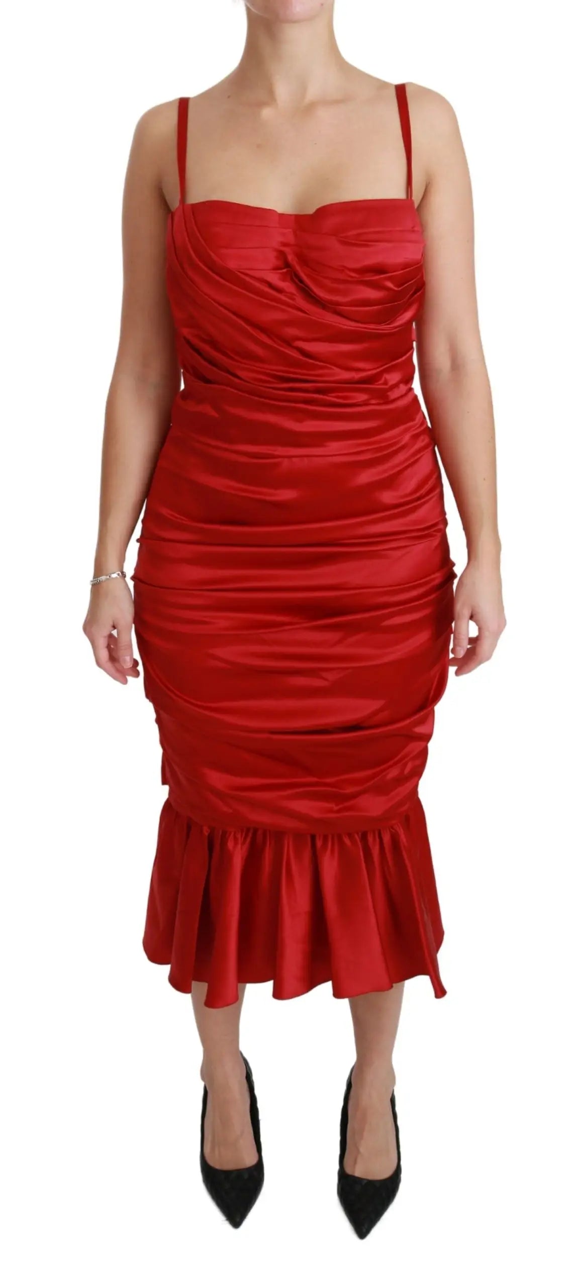 Robe midi rouge vive en satin avec corsage froncé et jupe évasée dolce & gabbana en soie stretch
