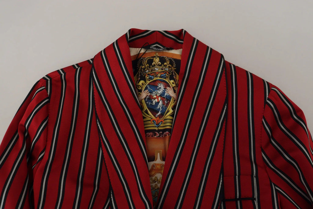 Dolce & gabbana blazer rouge et noir à rayures verticales avec écusson brodé détaillé au col doublure imprimée martini
