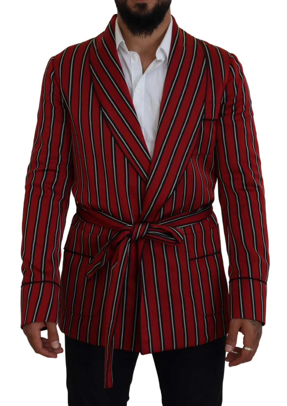 Red striped belted blazer with black and white vertical stripes made of structured fabric from dolce gabbana