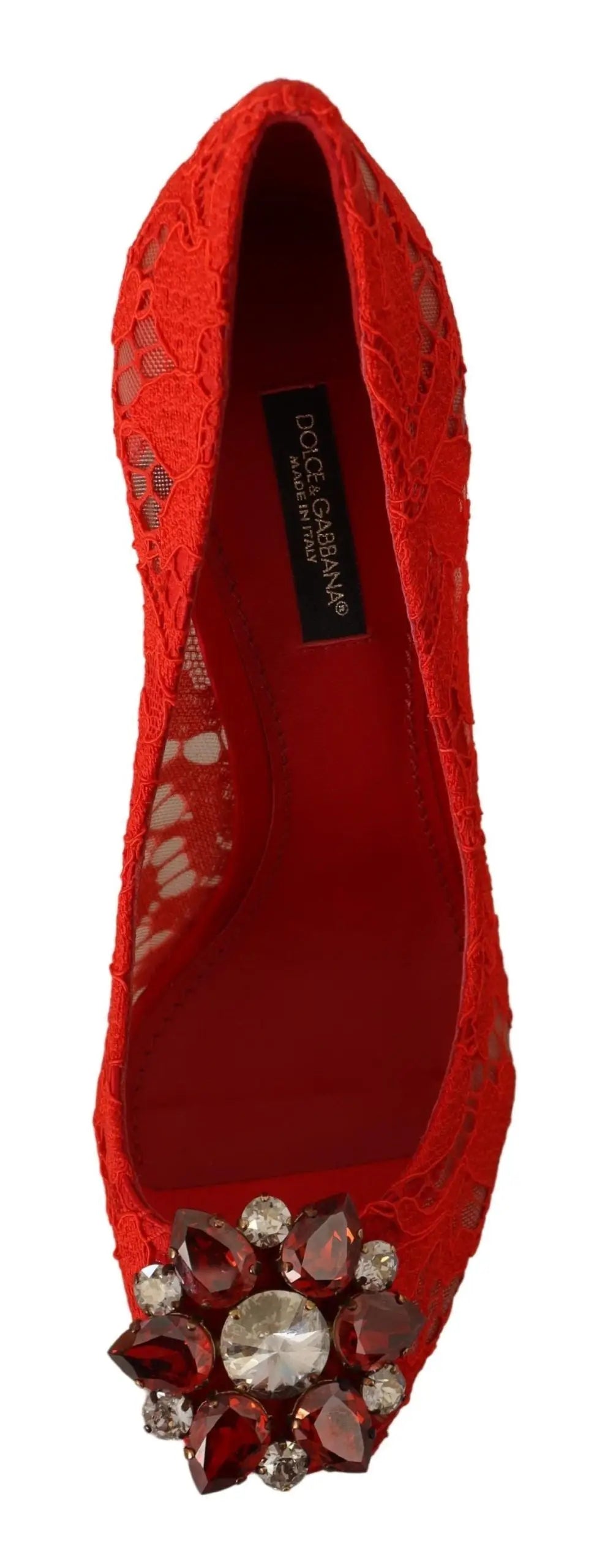 Dolce & gabbana rouge talons pumps en dentelle taormina avec ornement en cristal étincelant au bout
