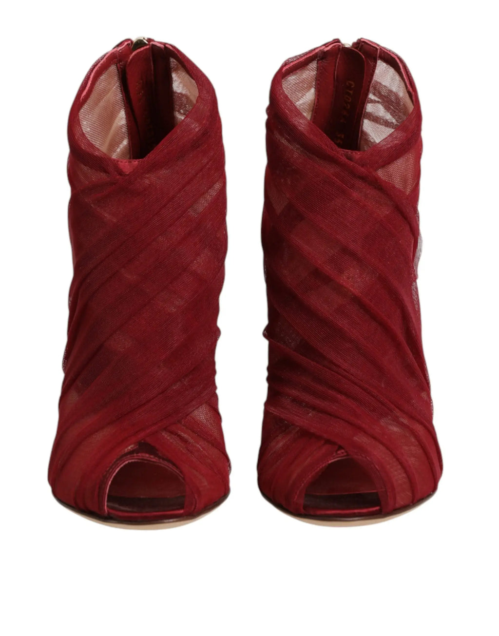 Bottines dolce & gabbana en tulle rouge profond avec talons stilettos, design mesh et détail ouvert à l’avant