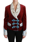 Blazer en velours rouge riche dolce & gabbana avec col brodé argent et bleu clair boutons turquoise décoratifs
