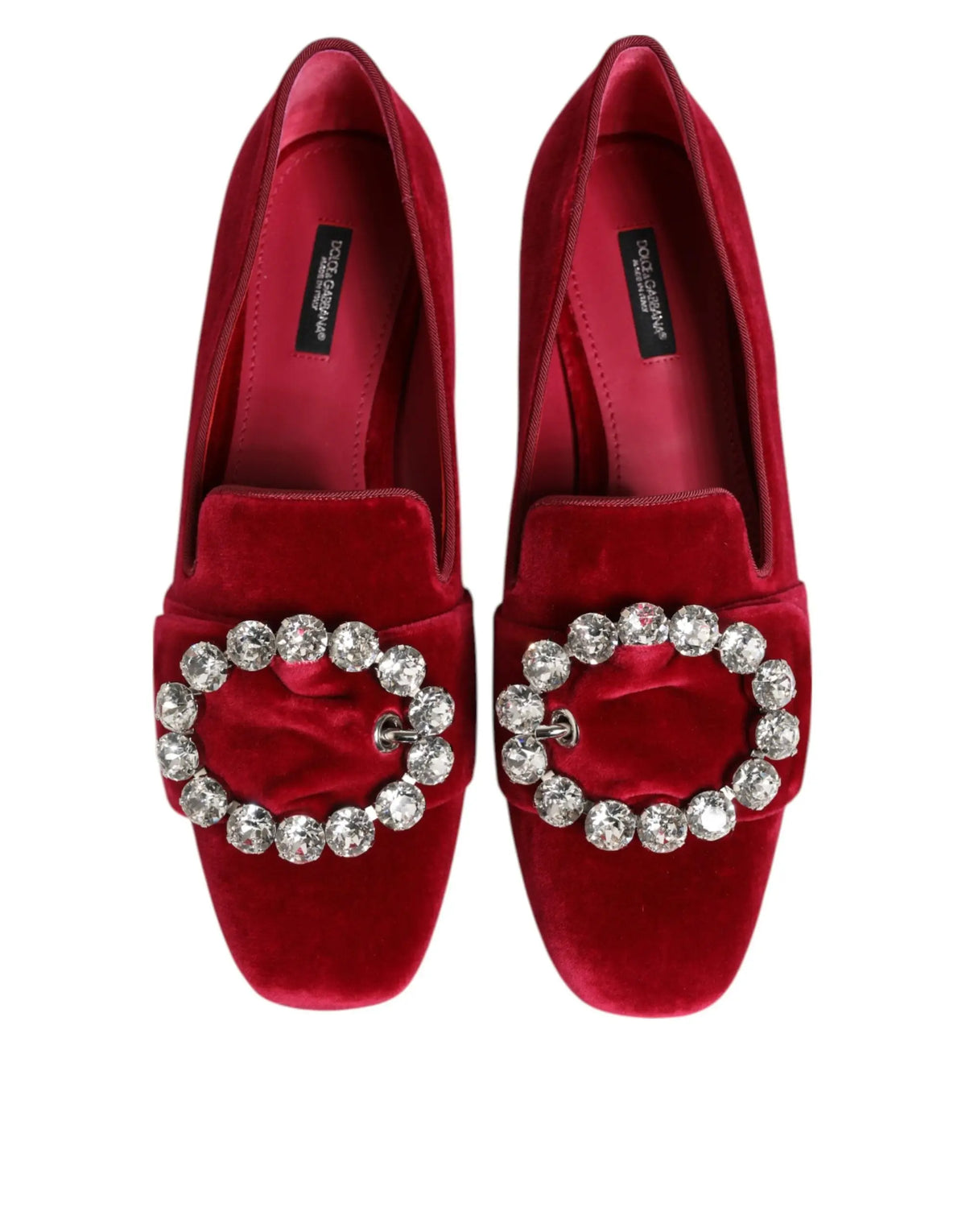 Dolce & Gabbana mocassins rouges en velours avec boucle ronde ornée de cristaux clairs