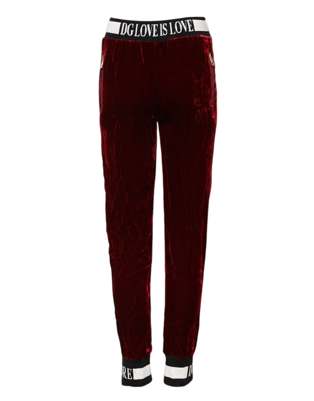Pantalon mi taille en viscose rouge dolce gabbana avec joggers en velours bordeaux et ceinture elastique noire et blanche dg love is love