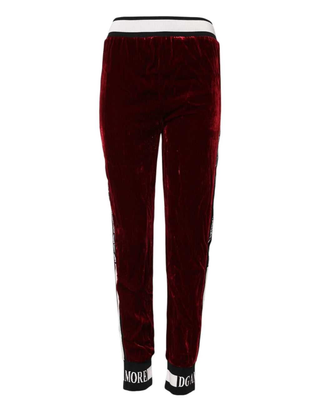 Joggers rouge profond en velours avec taille et poignets rayés blanc et noir et logo dg viscose de dolce & gabbana