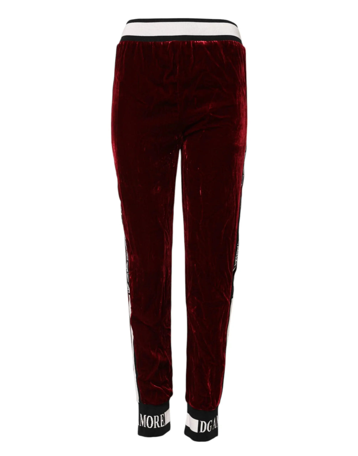Joggers rouge profond en velours avec taille et poignets rayés blanc et noir et logo dg viscose de dolce & gabbana