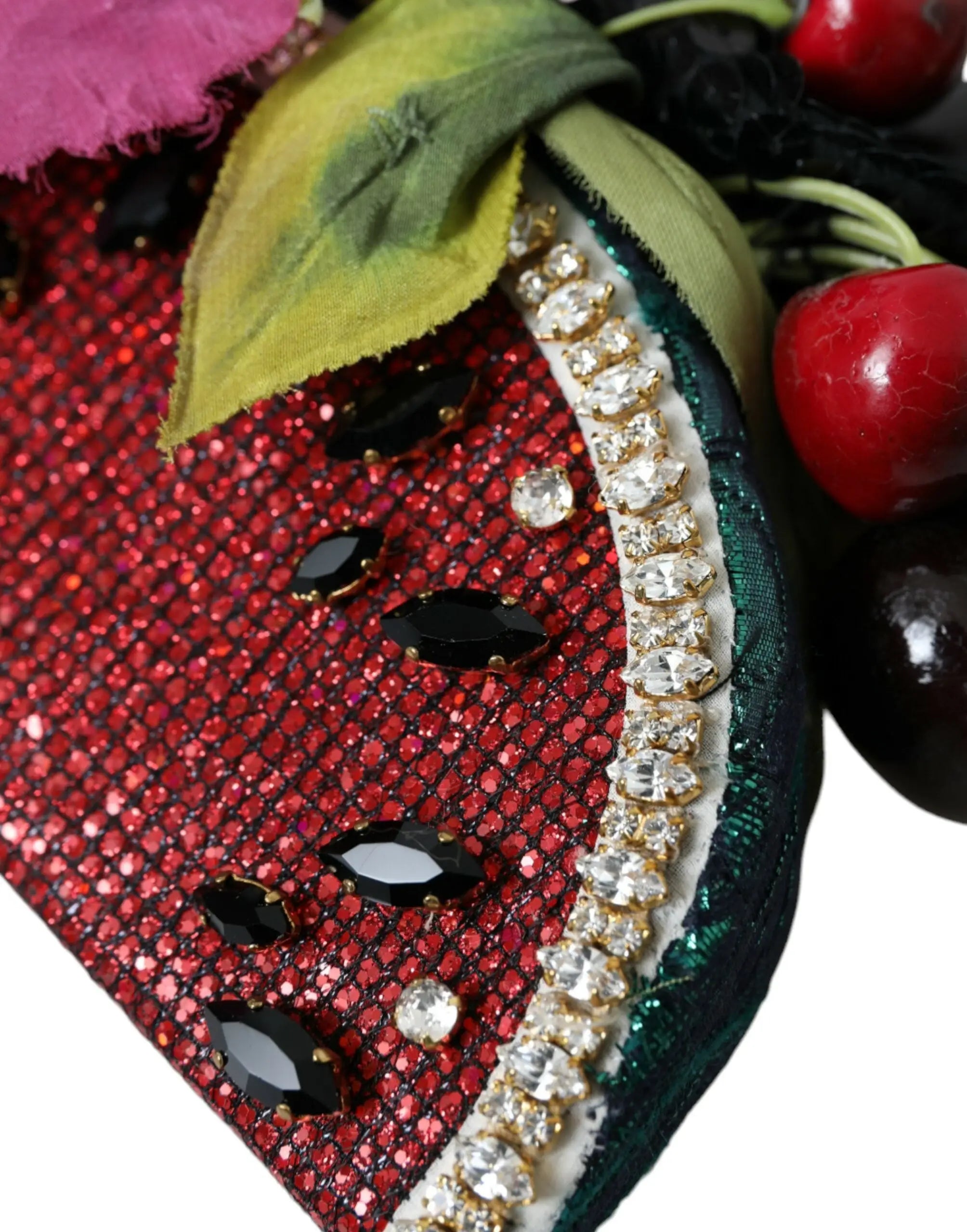 Clutch dolce & gabbana rouge pailleté thème pastèque orné de strass noirs et translucides sur la bordure verte