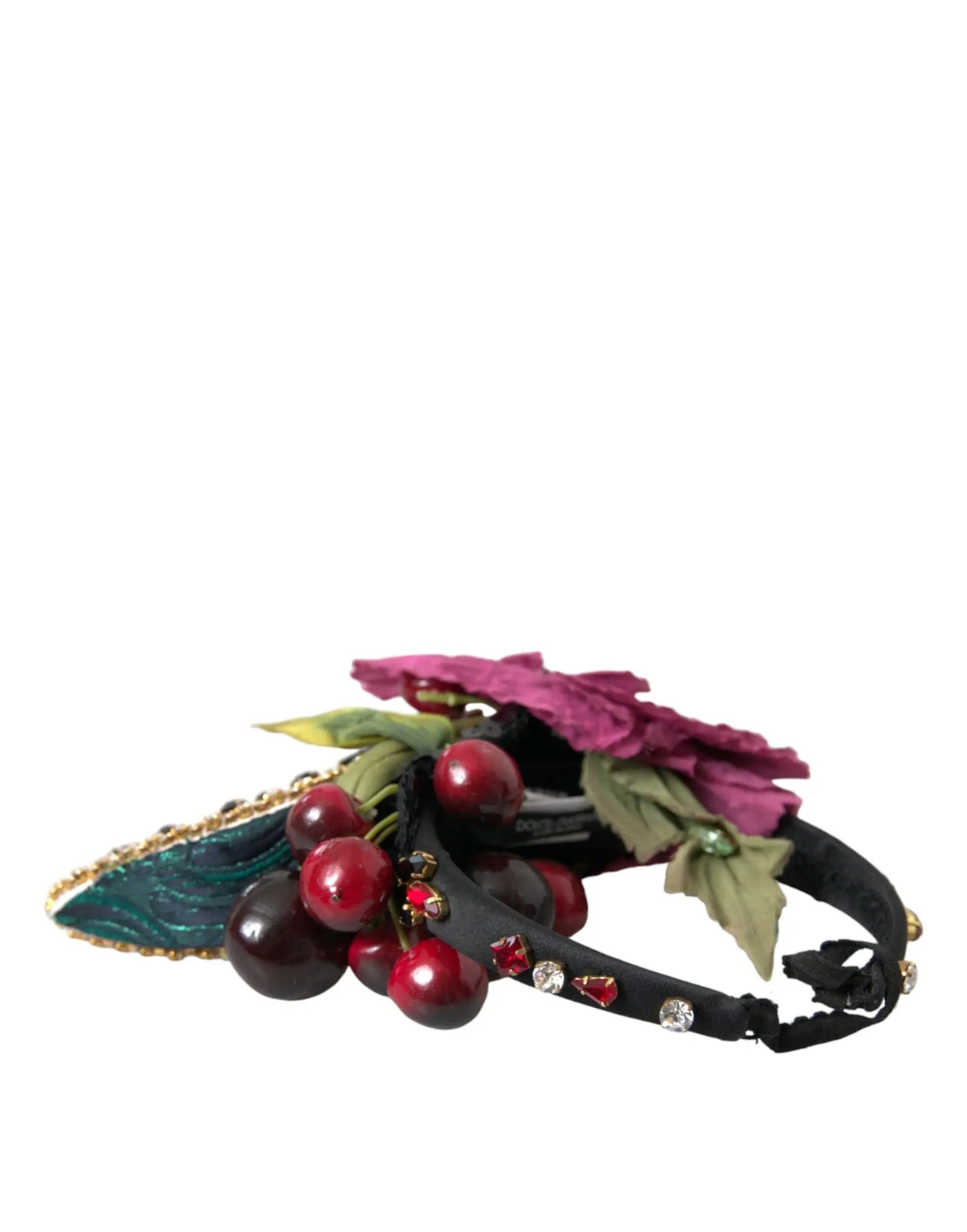 Bandeau dolce & gabbana noir orné de baies rouges et violettes, fleurs magenta en tissu et cristaux étincelants